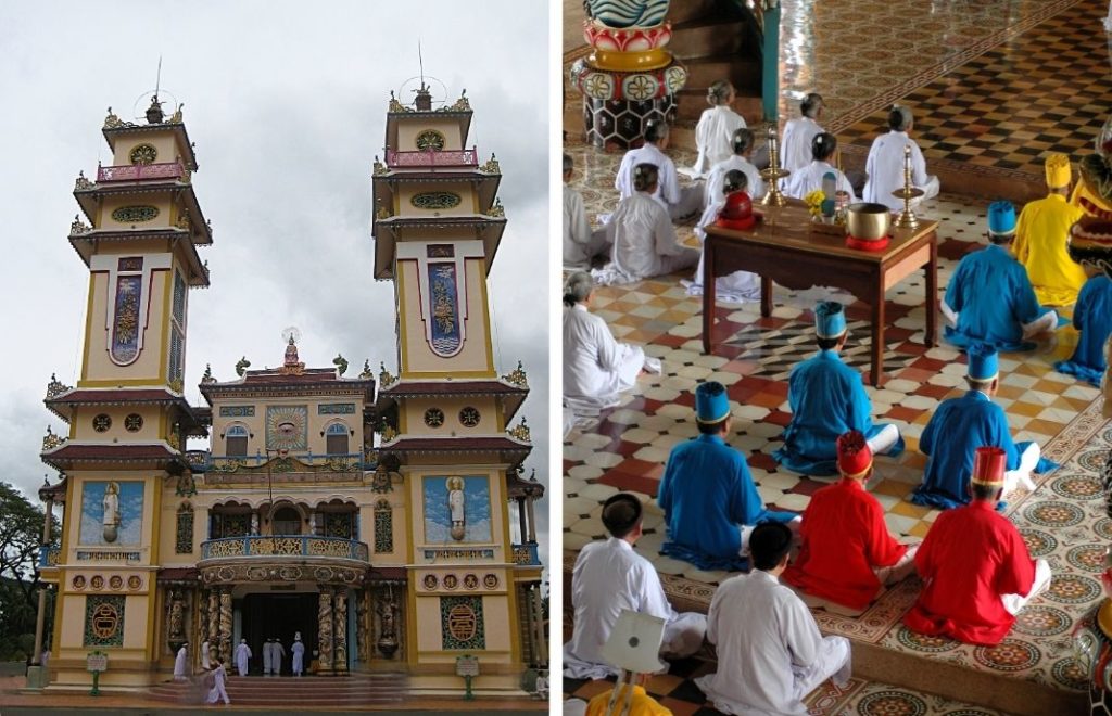 Fargerike munker i Cao Dai Temple