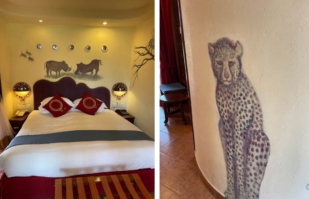 Rommene på Amboseli Serena Safari Lodge er dekorert med varme og behagelige farger og dyremotiver. 