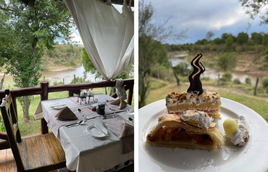 Restauranten og et lite utvalg av desserter på Ashnil Mara Camp. 
