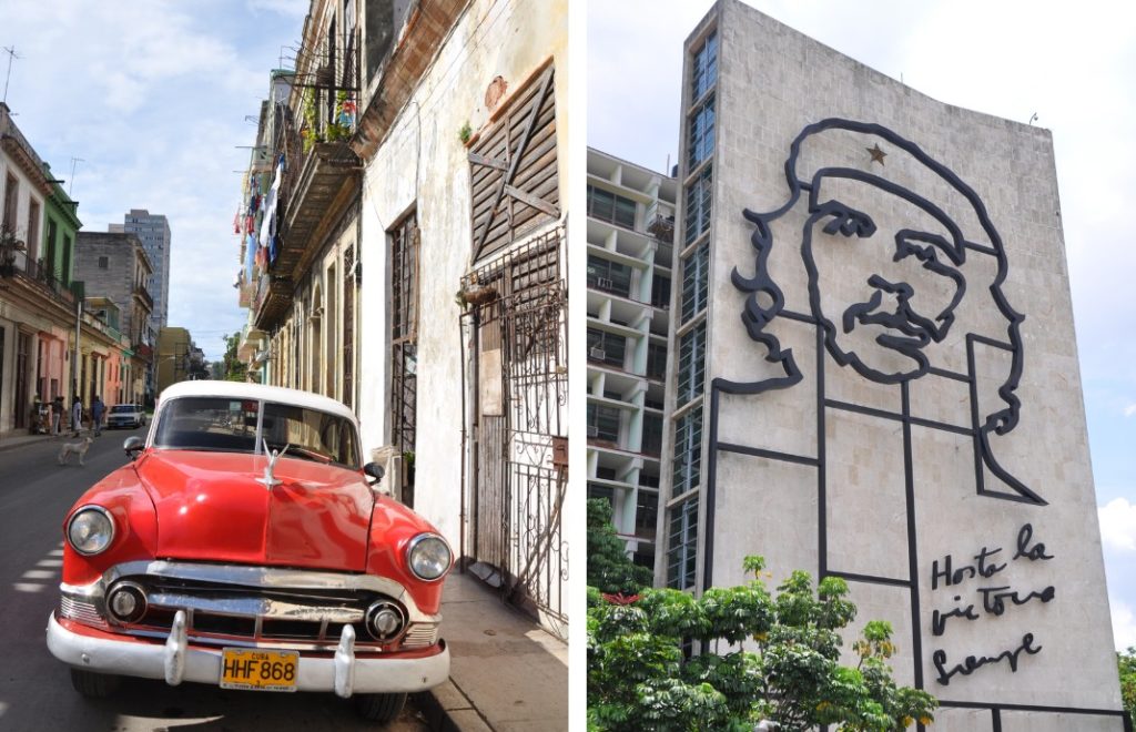 Klassiske amerikanske biler og portretter av Che Guevara er vanlige syn i Havanna på Cuba. 