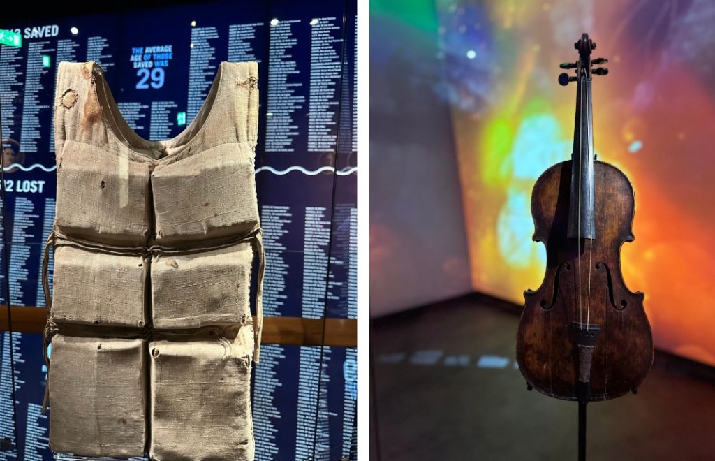 En redningsvest og fiolin fra Titanic står utstilt på Titanic Belfast. 