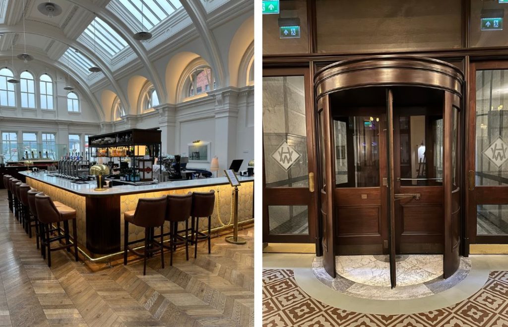 Baren på Titanic Hotel Belfast og en replika av døren fra Titanic