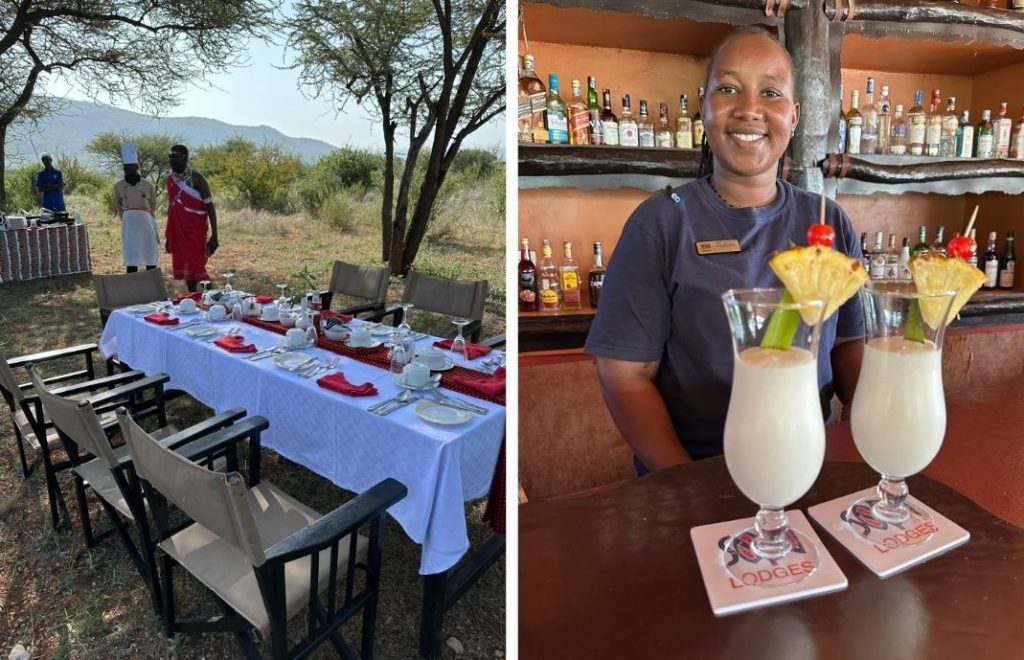 På Samburu Sopa Lodge kan du bestille en frokost i bushen eller nyte drinker i baren. 